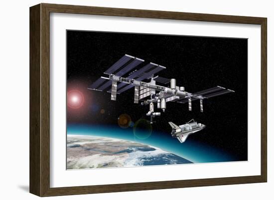 Space Station in Orbit around Earth with Space Shuttle-null-Framed Art Print