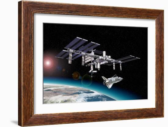 Space Station in Orbit around Earth with Space Shuttle-null-Framed Art Print