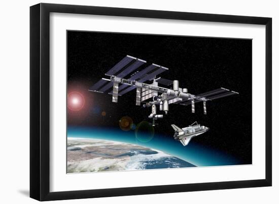 Space Station in Orbit around Earth with Space Shuttle--Framed Art Print