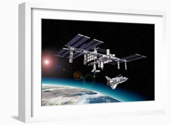 Space Station in Orbit around Earth with Space Shuttle-null-Framed Art Print