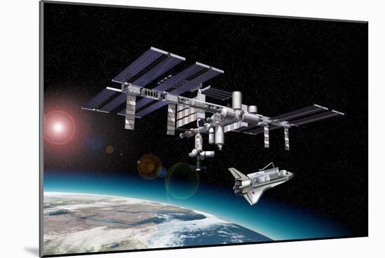 Space Station in Orbit around Earth with Space Shuttle-null-Mounted Art Print