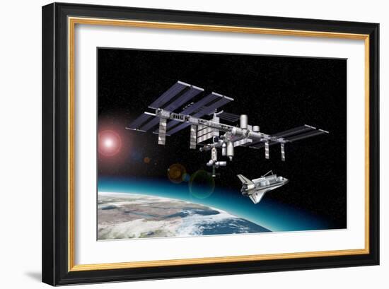 Space Station in Orbit around Earth with Space Shuttle-null-Framed Art Print