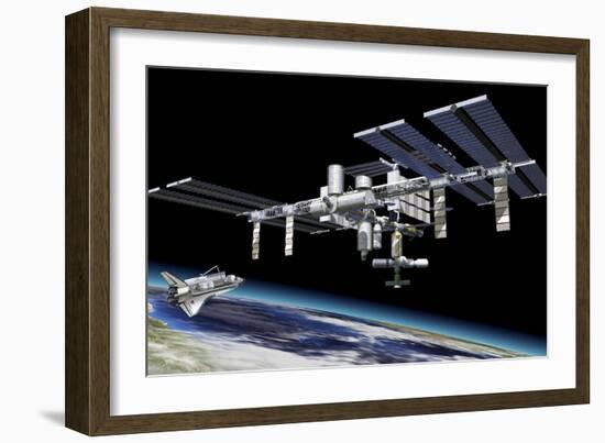 Space Station in Orbit around Earth with Space Shuttle-null-Framed Art Print