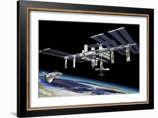 Space Station in Orbit around Earth with Space Shuttle-null-Framed Art Print