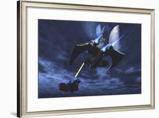 Spaceship Blasts a Laser Beam Toward an Enemy Battleship-Stocktrek Images-Framed Art Print