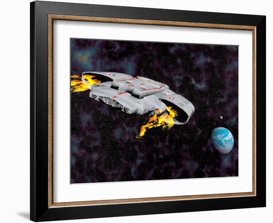 Spaceship with Afterburners Engaged as it Approaches Planet Earth-null-Framed Art Print