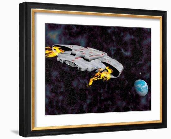 Spaceship with Afterburners Engaged as it Approaches Planet Earth-null-Framed Art Print