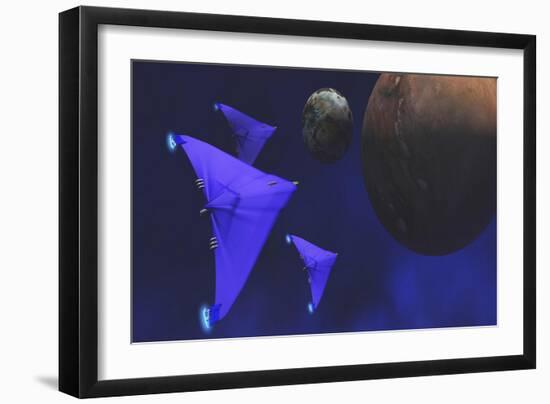 Spaceships Fly Through Space to Investigate an Alien Planet and its Moon-null-Framed Premium Giclee Print