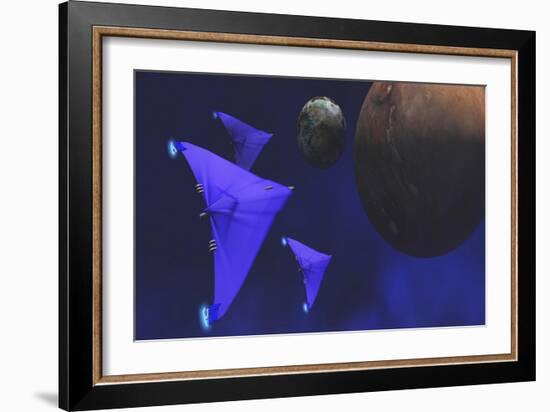 Spaceships Fly Through Space to Investigate an Alien Planet and its Moon-null-Framed Art Print