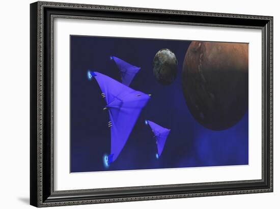 Spaceships Fly Through Space to Investigate an Alien Planet and its Moon-null-Framed Art Print