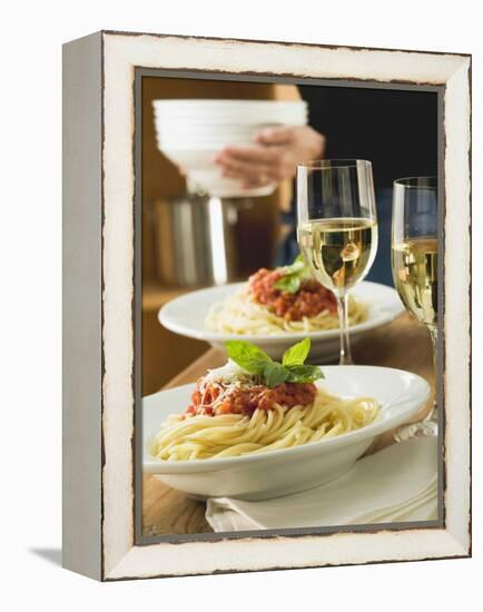 Spaghetti Bolognese and White Wine for Two on Table-null-Framed Premier Image Canvas