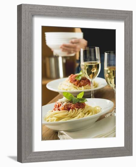 Spaghetti Bolognese and White Wine for Two on Table-null-Framed Photographic Print