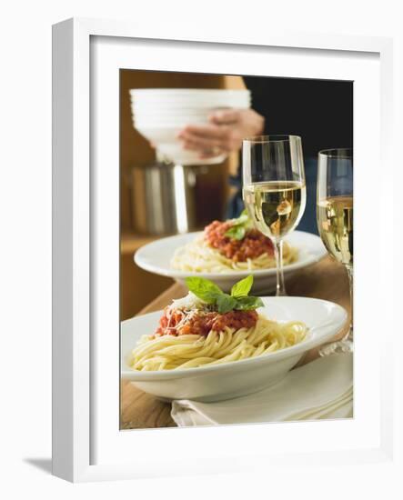 Spaghetti Bolognese and White Wine for Two on Table-null-Framed Photographic Print