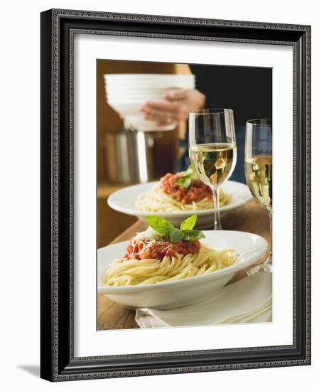 Spaghetti Bolognese and White Wine for Two on Table-null-Framed Photographic Print