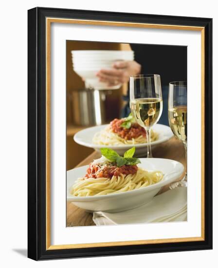 Spaghetti Bolognese and White Wine for Two on Table-null-Framed Photographic Print