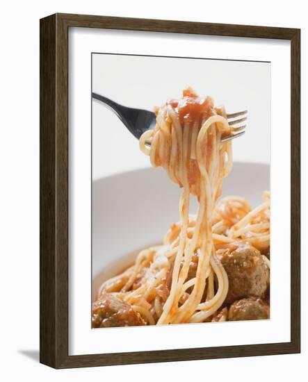 Spaghetti with Meatballs and Tomato Sauce on Fork-null-Framed Photographic Print