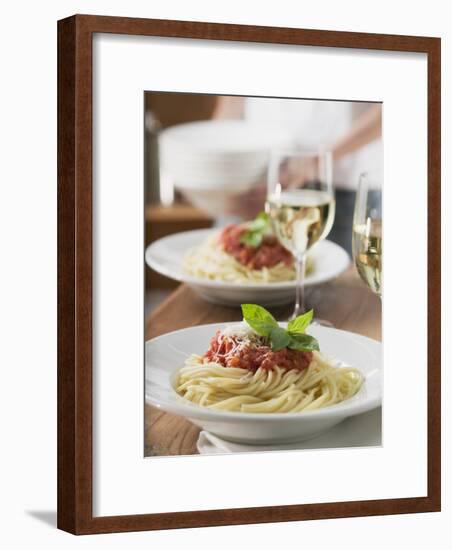 Spaghetti with Tomato Sauce and Glasses of White Wine on Table-null-Framed Photographic Print