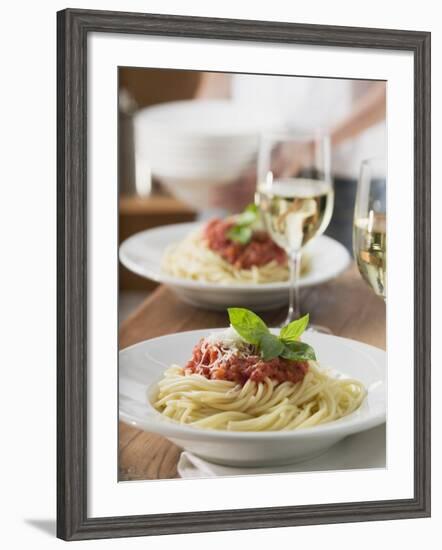 Spaghetti with Tomato Sauce and Glasses of White Wine on Table-null-Framed Photographic Print