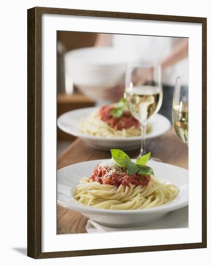 Spaghetti with Tomato Sauce and Glasses of White Wine on Table-null-Framed Photographic Print