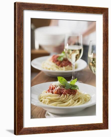 Spaghetti with Tomato Sauce and Glasses of White Wine on Table-null-Framed Photographic Print