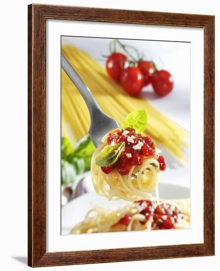 Spaghetti with Tomato Sauce on a Fork-Karl Newedel-Framed Photographic Print