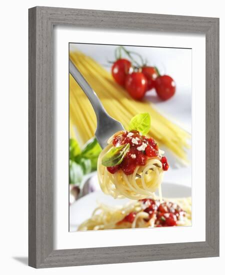 Spaghetti with Tomato Sauce on a Fork-Karl Newedel-Framed Photographic Print