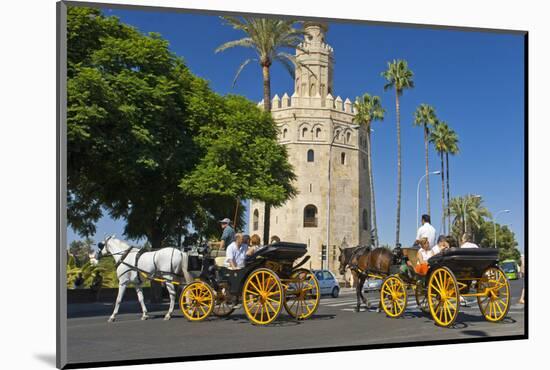 Spain, Andalusia, Seville, Arabian Tower, Torre Del Oro, Horse-Drawn Carriages-Chris Seba-Mounted Photographic Print