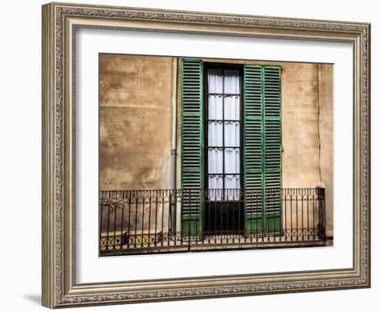 Spain, Balearic Islands, Mallorca, Palma de Mallorca. Green shuttered window.-Emily Wilson-Framed Photographic Print