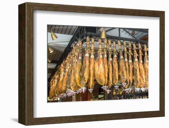 Spain, Barcelona, Iberico Ham Hanging in Store-Jim Engelbrecht-Framed Photographic Print