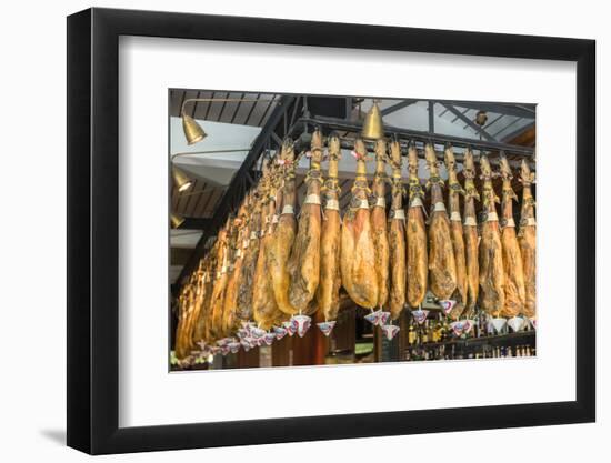 Spain, Barcelona, Iberico Ham Hanging in Store-Jim Engelbrecht-Framed Photographic Print