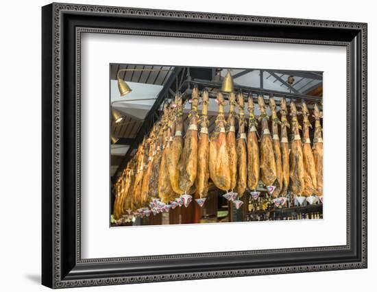 Spain, Barcelona, Iberico Ham Hanging in Store-Jim Engelbrecht-Framed Photographic Print