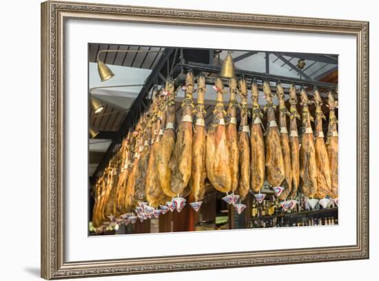 Spain, Barcelona, Iberico Ham Hanging in Store-Jim Engelbrecht-Framed Photographic Print