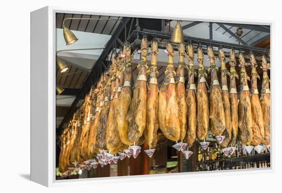 Spain, Barcelona, Iberico Ham Hanging in Store-Jim Engelbrecht-Framed Premier Image Canvas
