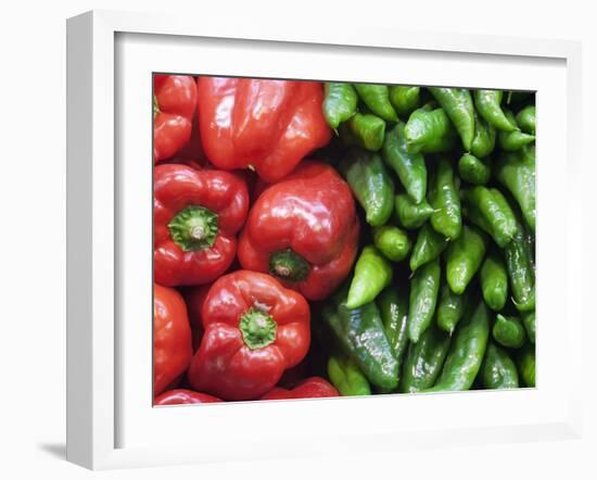 Spain, Barcelona, the Ramblas, la Boqueria Market, Vegetable Shop Display of Peppers-Steve Vidler-Framed Photographic Print