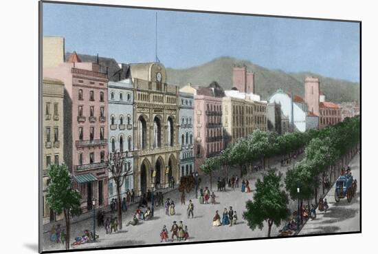 Spain. Catalonia. Barcelona. Lithography. La Rambla and the Gran Teatro Del Liceo (Opera House)-null-Mounted Giclee Print