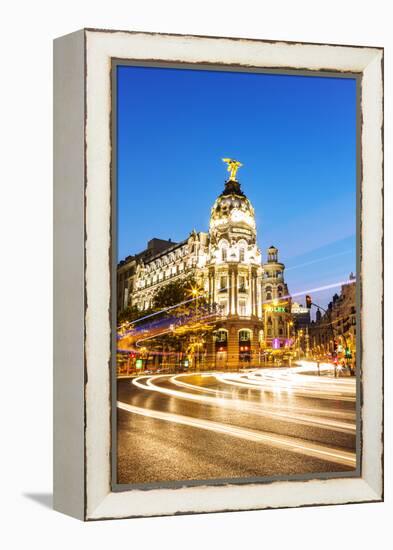 Spain, Madrid. Cityscape at Dusk with Famous Metropolis Building-Matteo Colombo-Framed Premier Image Canvas