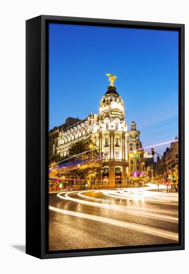 Spain, Madrid. Cityscape at Dusk with Famous Metropolis Building-Matteo Colombo-Framed Premier Image Canvas