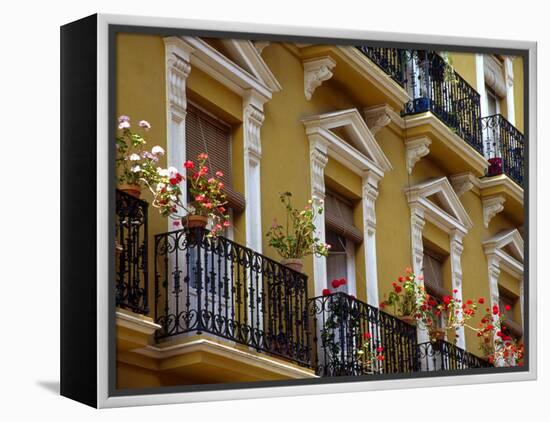 Spain, Sevilla, Andalucia Geraniums hang over iron balconies of traditional houses-Merrill Images-Framed Premier Image Canvas