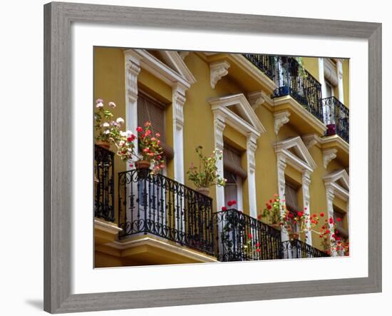 Spain, Sevilla, Andalucia Geraniums hang over iron balconies of traditional houses-Merrill Images-Framed Photographic Print