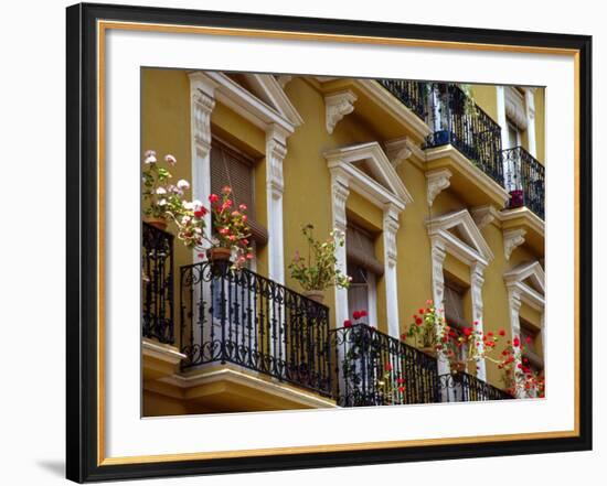 Spain, Sevilla, Andalucia Geraniums hang over iron balconies of traditional houses-Merrill Images-Framed Photographic Print