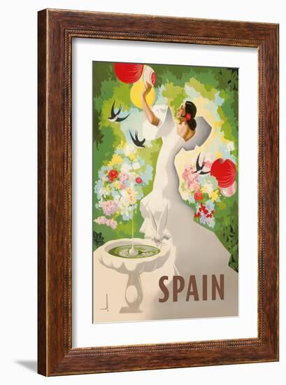 Spain - Spanish Dancer with Fountain and Birds-Marcias José Morell-Framed Art Print