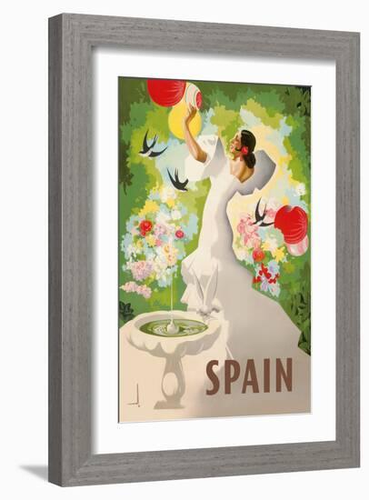 Spain - Spanish Dancer with Fountain and Birds-Marcias José Morell-Framed Art Print