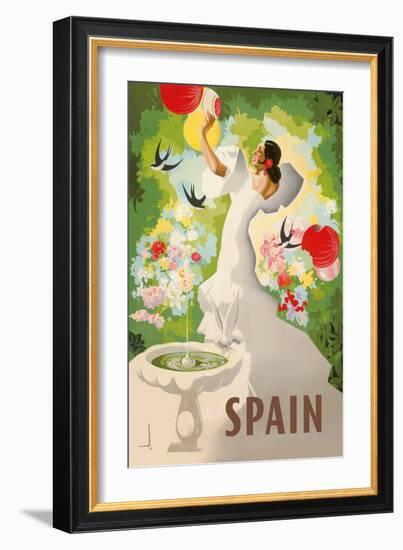 Spain - Spanish Dancer with Fountain and Birds-Marcias José Morell-Framed Art Print