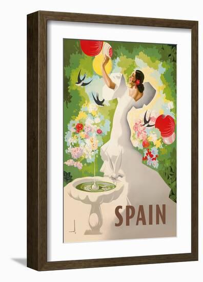 Spain - Spanish Dancer with Fountain and Birds-Marcias José Morell-Framed Art Print