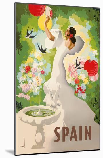 Spain - Spanish Dancer with Fountain and Birds-Marcias José Morell-Mounted Art Print