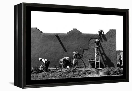 Spanish-American Women Replastering an Adobe House-Russell Lee-Framed Stretched Canvas