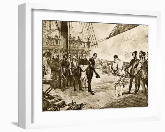 Spanish Armada's Admiral Surrenders His Sword to Francis Drake, c.1588-null-Framed Photographic Print