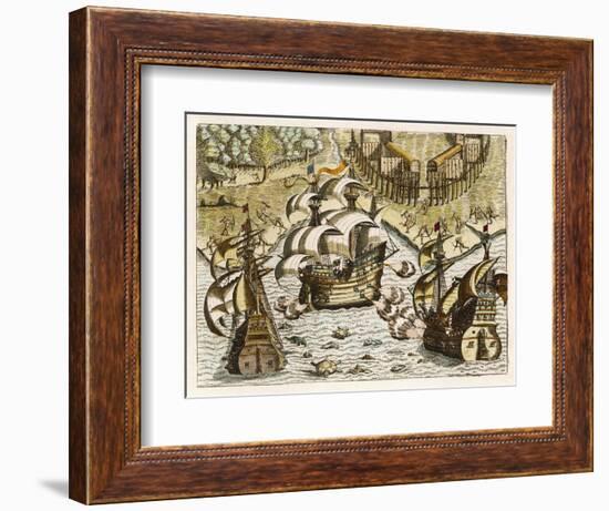 Spanish Galleons Attempt to Ward off Rivals for the New World-Theodor de Bry-Framed Art Print