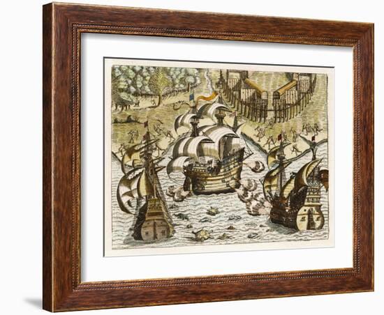 Spanish Galleons Attempt to Ward off Rivals for the New World-Theodor de Bry-Framed Art Print