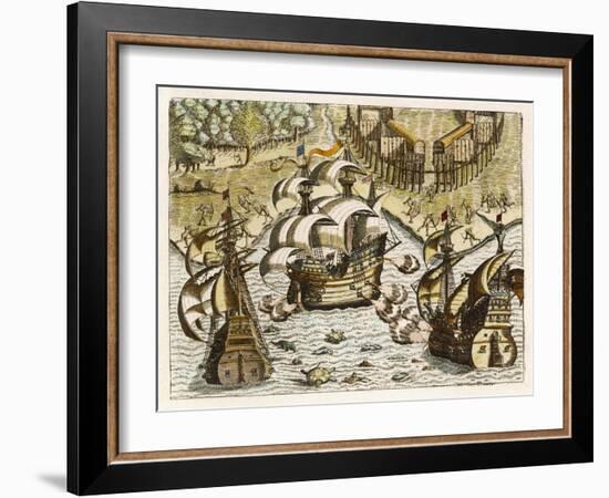 Spanish Galleons Attempt to Ward off Rivals for the New World-Theodor de Bry-Framed Art Print